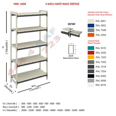5 Katlı Hafif Rack Raf · 30×70 Dıştan basma