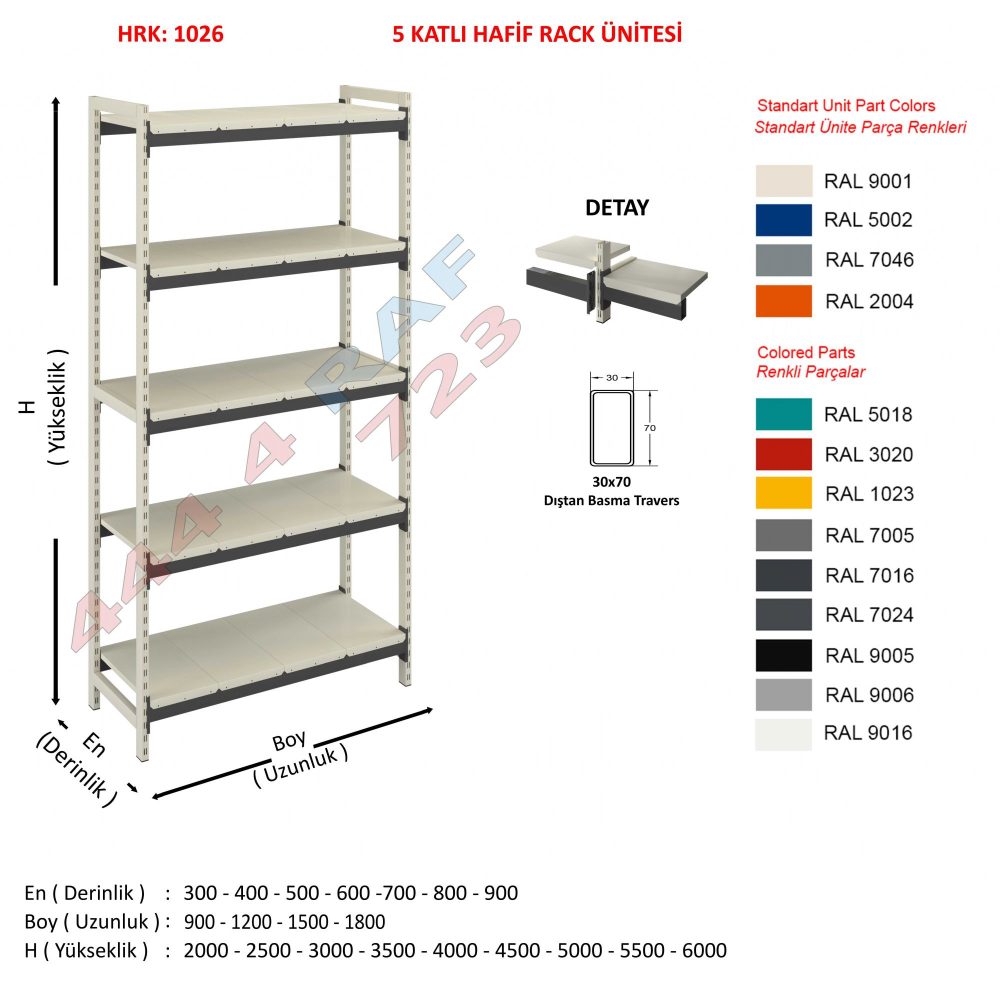 5 Katlı Hafif Rack Raf · 30×70 Dıştan basma