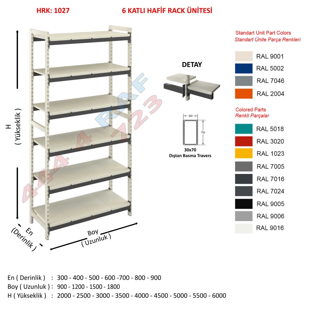 6 Katlı Hafif Rack Raf · 30×70 Dıştan basma