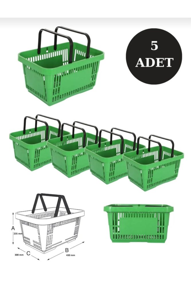 5 Adet 22 Lt Plastik Alışveriş Sepeti Yeşil